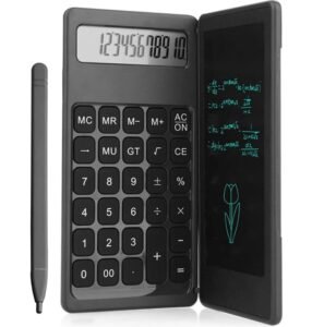 Purenook Folding Calculator Writing Tablet Combo with 12 Digit Display Pocket Size Digital Calculator Notepad Board for Students Office Work Travel Daily Calculations and Notes