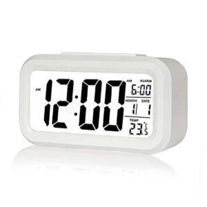 VHP Alarm Clock, Digital Table Clock for Students, Home, Office, Bedroom, Study | Battery Operated LED Display with Auto Sensor, Time, Date & Temperature, Gift for Students & Heavy Sleepers (White)