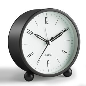 Taglich Silent Analog Alarm Desk Clock - Round Shaped Table Clock with Non-Ticking Movement for Bedroom, Living Room, Study Table & Office, Compact & Stylish Bedside Clocks for Home Decoration(Black)