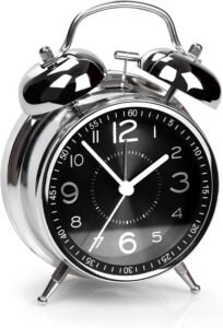 HOME SKILL Alarm Clock for Heavy Sleepers Loud Clock for Adults, Metal 4 Inches Twin Bell Table Clock with Backlight Alarm Clocks for Students Decoration Bedroom/Office (Black Silver Clock)