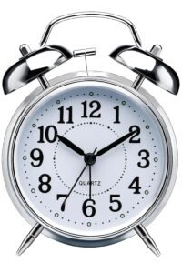 AERYS Retro Twin Bell Table Clock, Metal Frame Alarm Clock with Night Backlight, Silent Movement, High Volume for Heavy Sleeper Alarm for Home, Office, Bedroom, Living Room (Silver Clock)