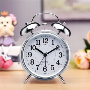 Umi Vintage Twin Bell Alarm Clock, Battery Operated with Night Backlight & Silent Movement for Bedroom & Office (Silver)