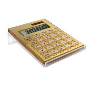 EXPURTAN Acrylic Calculator and Acrylic Stand, Battery and Solar Hybrid Powered LCD Display,12-Digit, Acrylic Office Desktop Accessories(Gold)