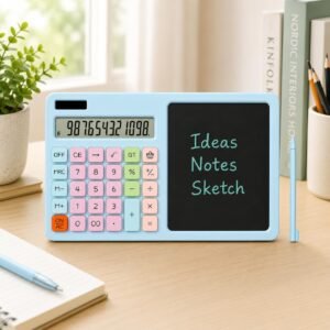 MIKANIX 2-in-1 LCD Writing with 2 Digit Desktop Calculator & Reusable Writing Pad | Electronic Memo Notepad with One-Touch Erase | Screen Lock | for Students, Office, Shop & Home, Blue